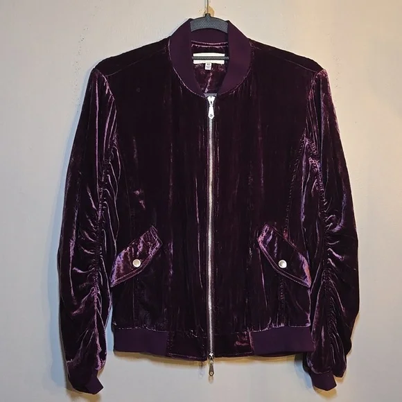 Rebecca Minkoff Kaya Velvet Ruched Sleeved Back Zip Rayon Viscose Bomber Jacket - Picture 3 of 15